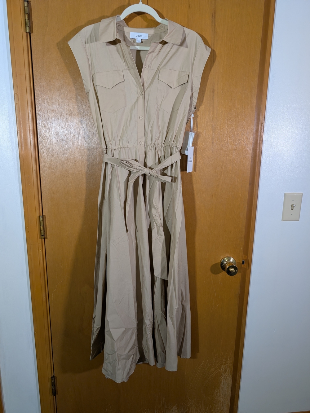 CeCe Beige Button-Front Maxi Shirtdress with Tie Waist